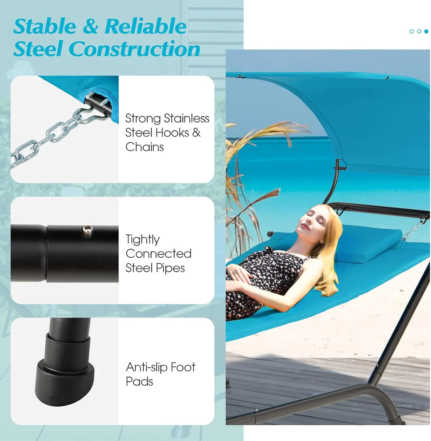 Giantex Hanging Hammock with Stand, Patio Hanging Chaise Lounge Chair w/Canopy, Cushion, Pillow & Storage Bag, Heavy Duty Swing Hammock Bed for Garden Lawn Backyard Patio Poolside Porch (Blue)