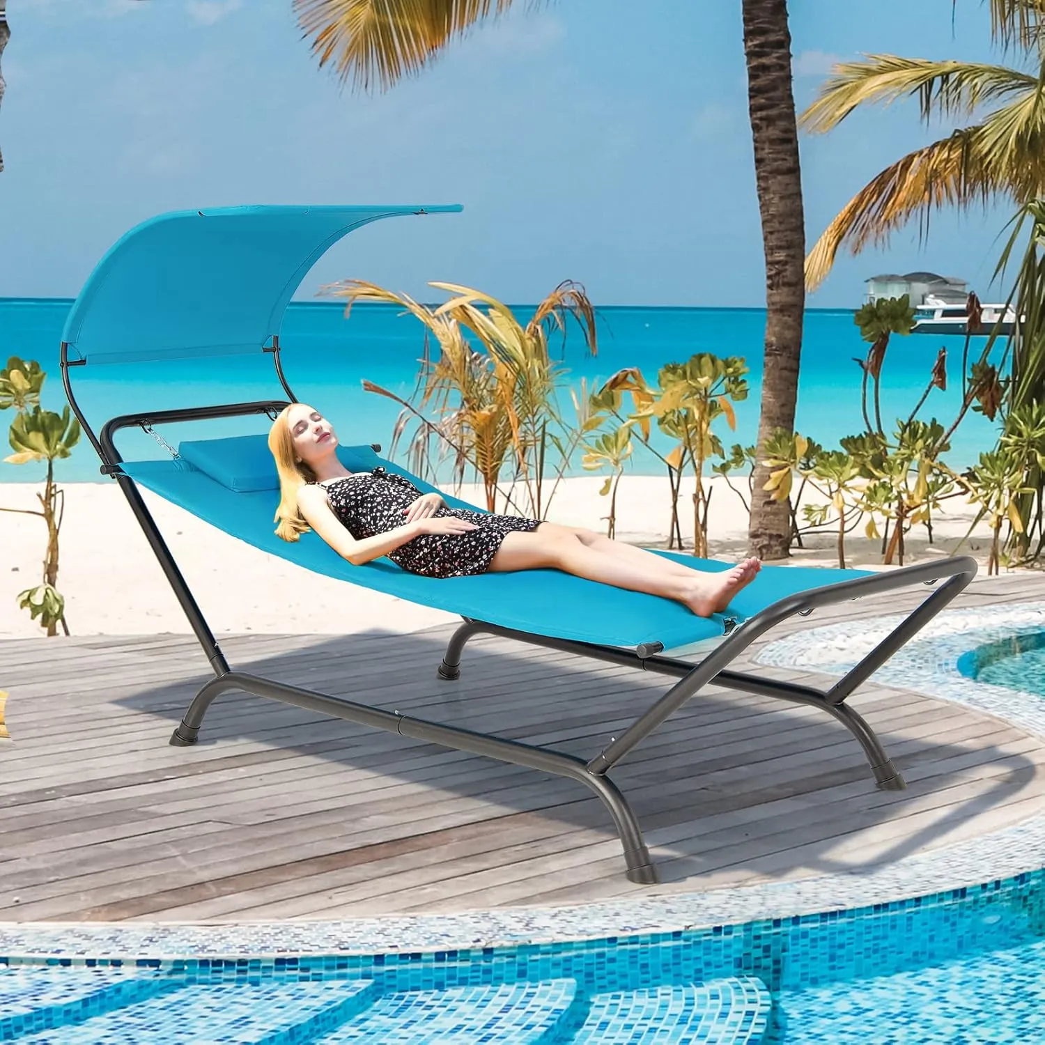 Giantex Hanging Hammock with Stand, Patio Hanging Chaise Lounge Chair w/Canopy, Cushion, Pillow & Storage Bag, Heavy Duty Swing Hammock Bed for Garden Lawn Backyard Patio Poolside Porch (Blue)