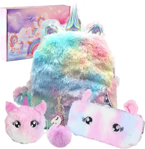 Girls Unicorn Rainbow Backpack Toys Gifts for Age 3 4 5 6 7 8 9 10 11 12 Year Old Kids Christmas New Year Gifts School Study Supplies Mini Backpack/Pencil Case/Purse/Keychain