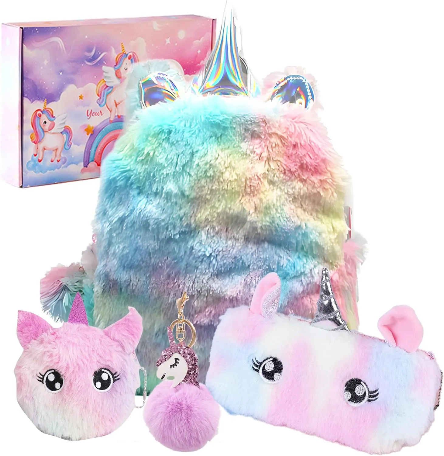 Girls Unicorn Rainbow Backpack Toys Gifts for Age 3 4 5 6 7 8 9 10 11 12 Year Old Kids Christmas New Year Gifts School Study Supplies Mini Backpack/Pencil Case/Purse/Keychain