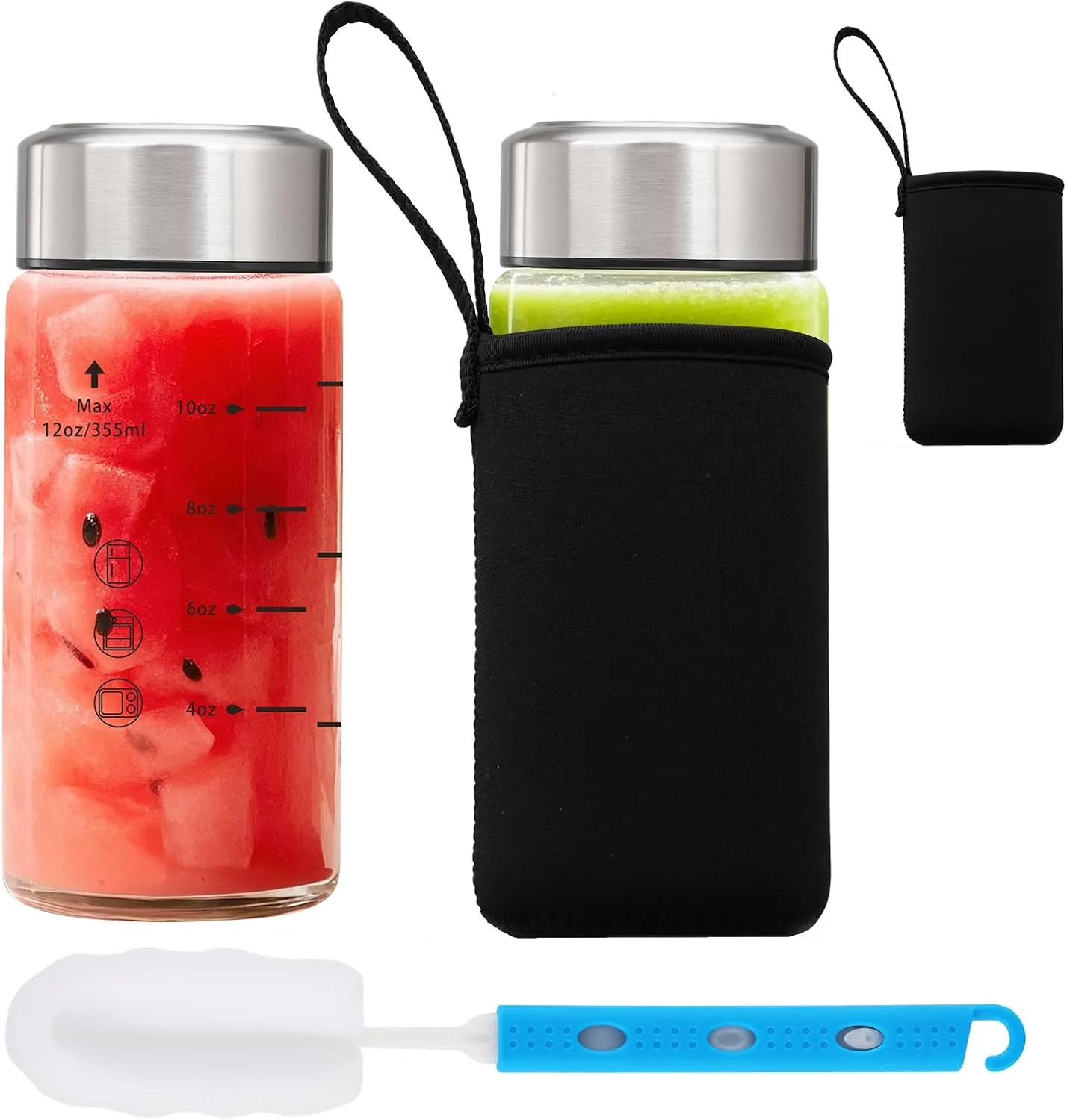 Glass Juice Bottles 12oz-2 Pack Wide Mouth Glass Water Bottles with Lids and Sleeve- for Juicing Smoothies Protein Reusable Stainless Steel Lids Leak Proof Borosilicate