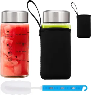 Glass Juice Bottles 12oz-2 Pack Wide Mouth Glass Water Bottles with Lids and Sleeve- for Juicing Smoothies Protein Reusable Stainless Steel Lids Leak Proof Borosilicate