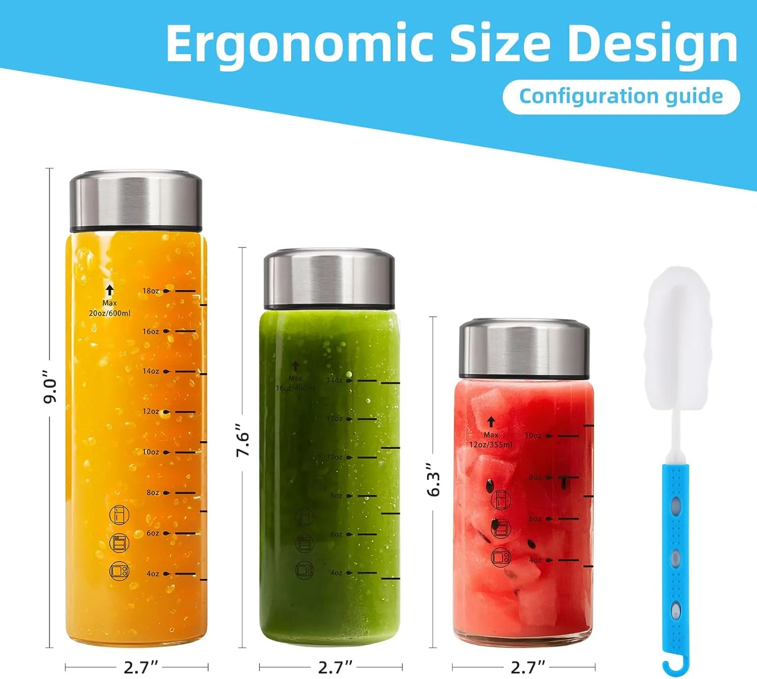 Glass Juice Bottles 12oz-2 Pack Wide Mouth Glass Water Bottles with Lids and Sleeve- for Juicing Smoothies Protein Reusable Stainless Steel Lids Leak Proof Borosilicate