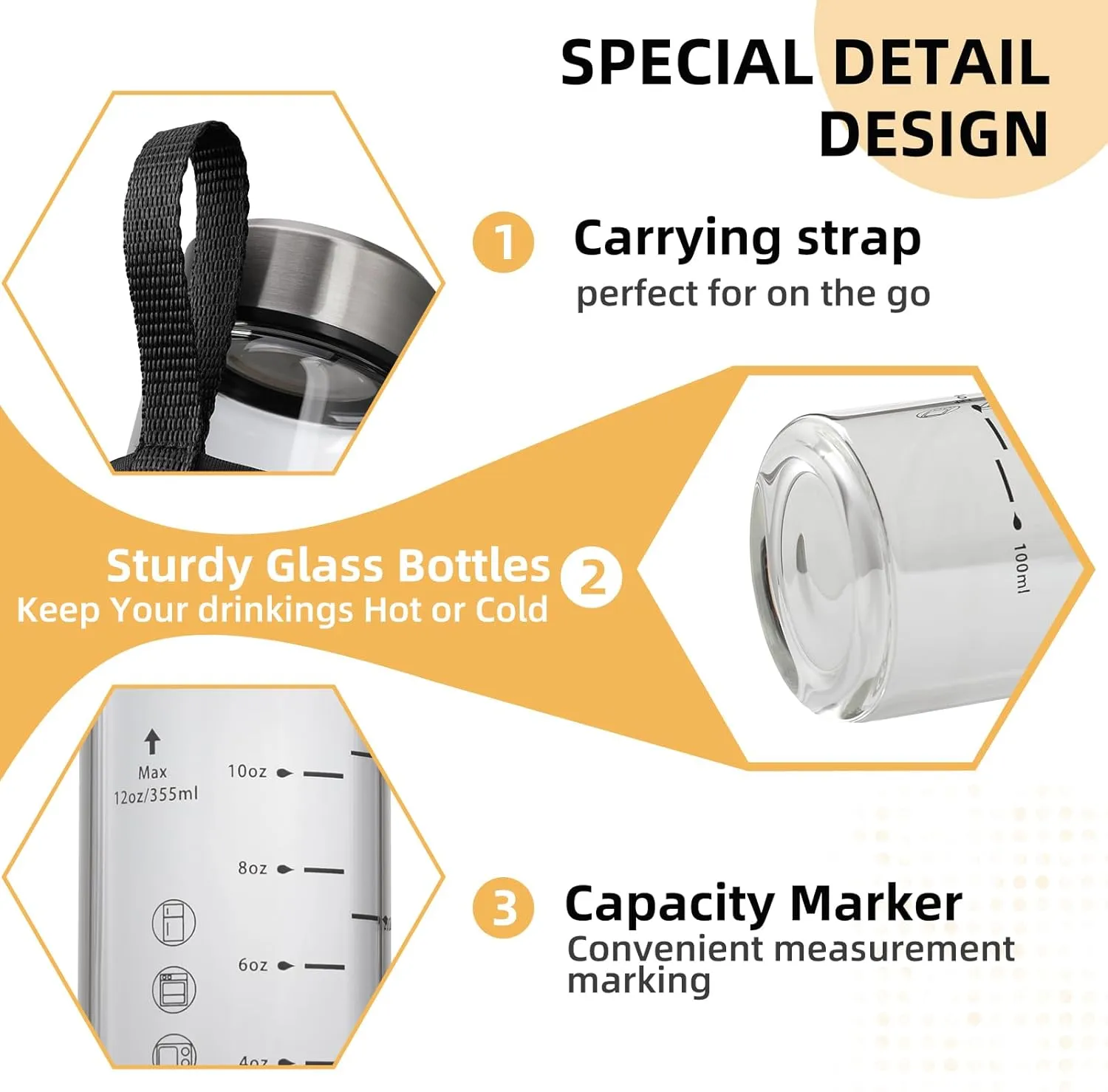 Glass Juice Bottles 12oz-2 Pack Wide Mouth Glass Water Bottles with Lids and Sleeve- for Juicing Smoothies Protein Reusable Stainless Steel Lids Leak Proof Borosilicate
