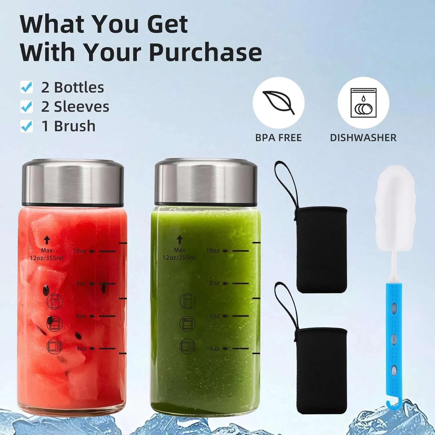 Glass Juice Bottles 12oz-2 Pack Wide Mouth Glass Water Bottles with Lids and Sleeve- for Juicing Smoothies Protein Reusable Stainless Steel Lids Leak Proof Borosilicate