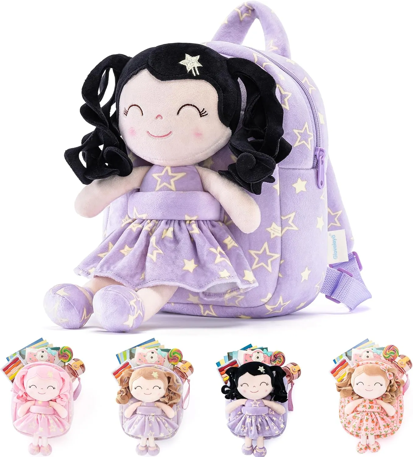 Gloveleya Toddler Backpack Baby Girl Gifts Curly Hair Plush Figures Dress Backpack Kids Backpack Curly Hair Spring Girl - Black Head Purple Star 9inches