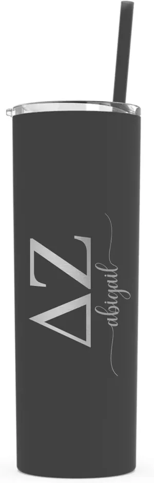 Go Greek Chic - Personalized Delta Zeta Sorority Skinny Tumbler - (Matte Black), Custom Greek Life Drinkware, Laser Engraved Name and Insulated Tumbler with Lid & Straw, Keep Drinks Hot or Cold