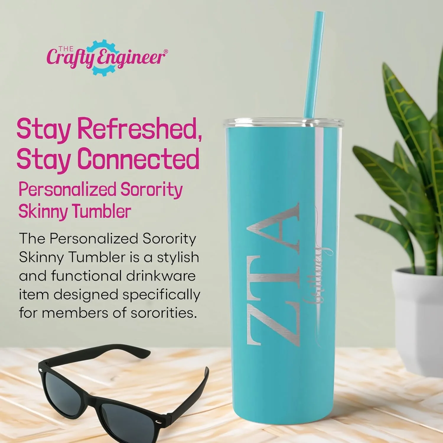 Go Greek Chic - Personalized Delta Zeta Sorority Skinny Tumbler - (Nightshade), Custom Greek Life Drinkware, Laser Engraved Name and Insulated Tumbler with Lid & Straw, Keep Drinks Hot or Cold