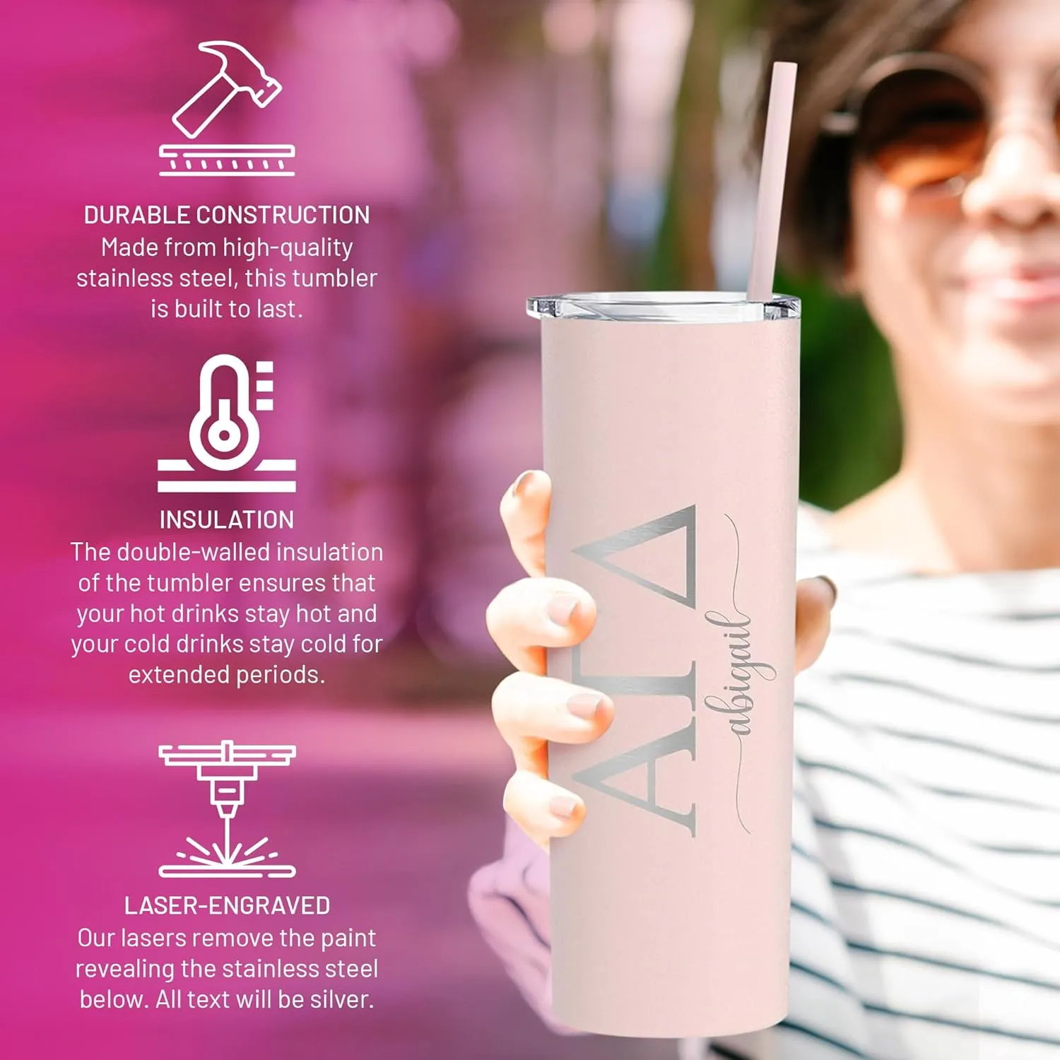 Go Greek Chic - Personalized Delta Zeta Sorority Skinny Tumbler - (Nightshade), Custom Greek Life Drinkware, Laser Engraved Name and Insulated Tumbler with Lid & Straw, Keep Drinks Hot or Cold