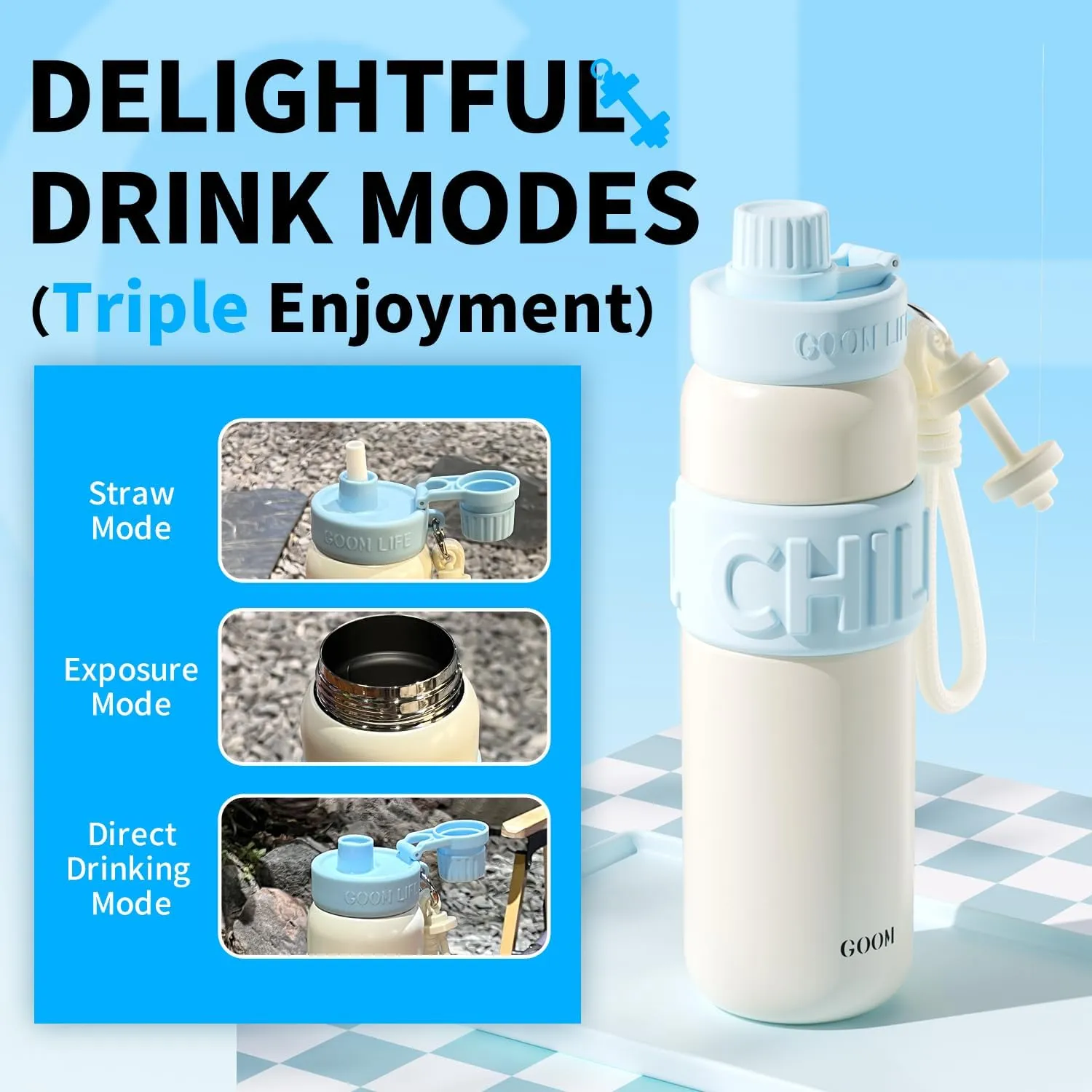 GOOM Chill 24 oz Insulated Water Bottle, 18/10 Stainless Steel Waterbottle with Straw and Straw Cap, Leak Proof Water Bottles for Men, Women, Gifts for Mom, Him, Her—White, Blue