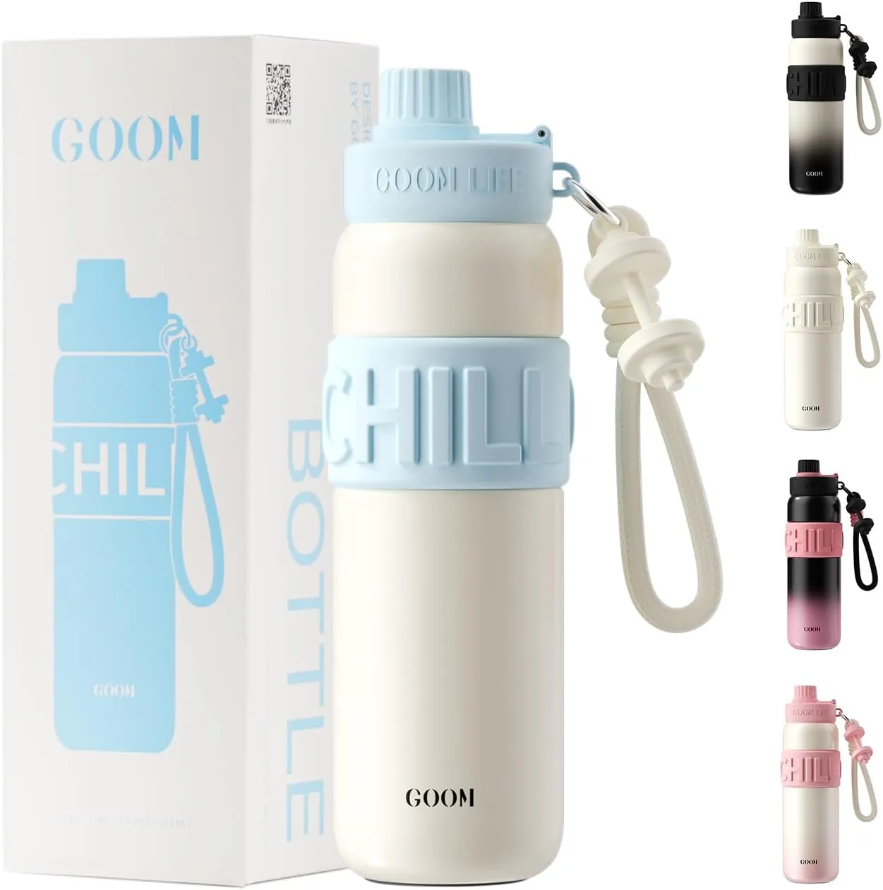 GOOM Chill 24 oz Insulated Water Bottle, 18/10 Stainless Steel Waterbottle with Straw and Straw Cap, Leak Proof Water Bottles for Men, Women, Gifts for Mom, Him, Her—White, Blue
