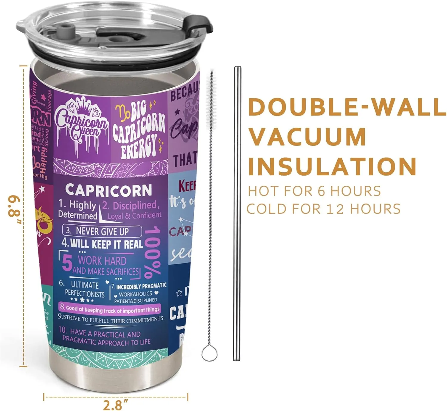 GOOMI Capricorn Gifts for Women,Capricorn Birthday Gifts, Zodiac Capricorn Tumbler, Astrology Gothic Witchy Gifts, Constellation Insulated Tumbler With Lid Straw Purple Coffee Mug 20 OZ