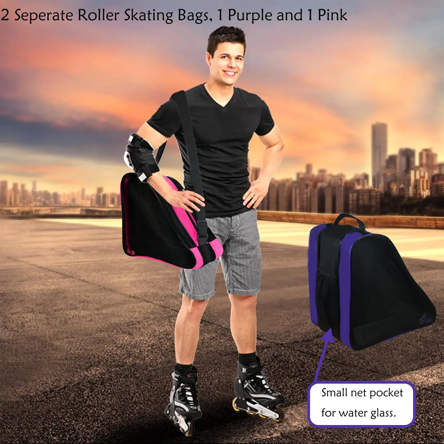 Gooyule Roller Skate Bag - Adjustable Shoulder Strap Ice Skate Bag for Girls, Boys & Adults - Large Capacity Fits Quad, Inline & Most Roller Skating Accessories