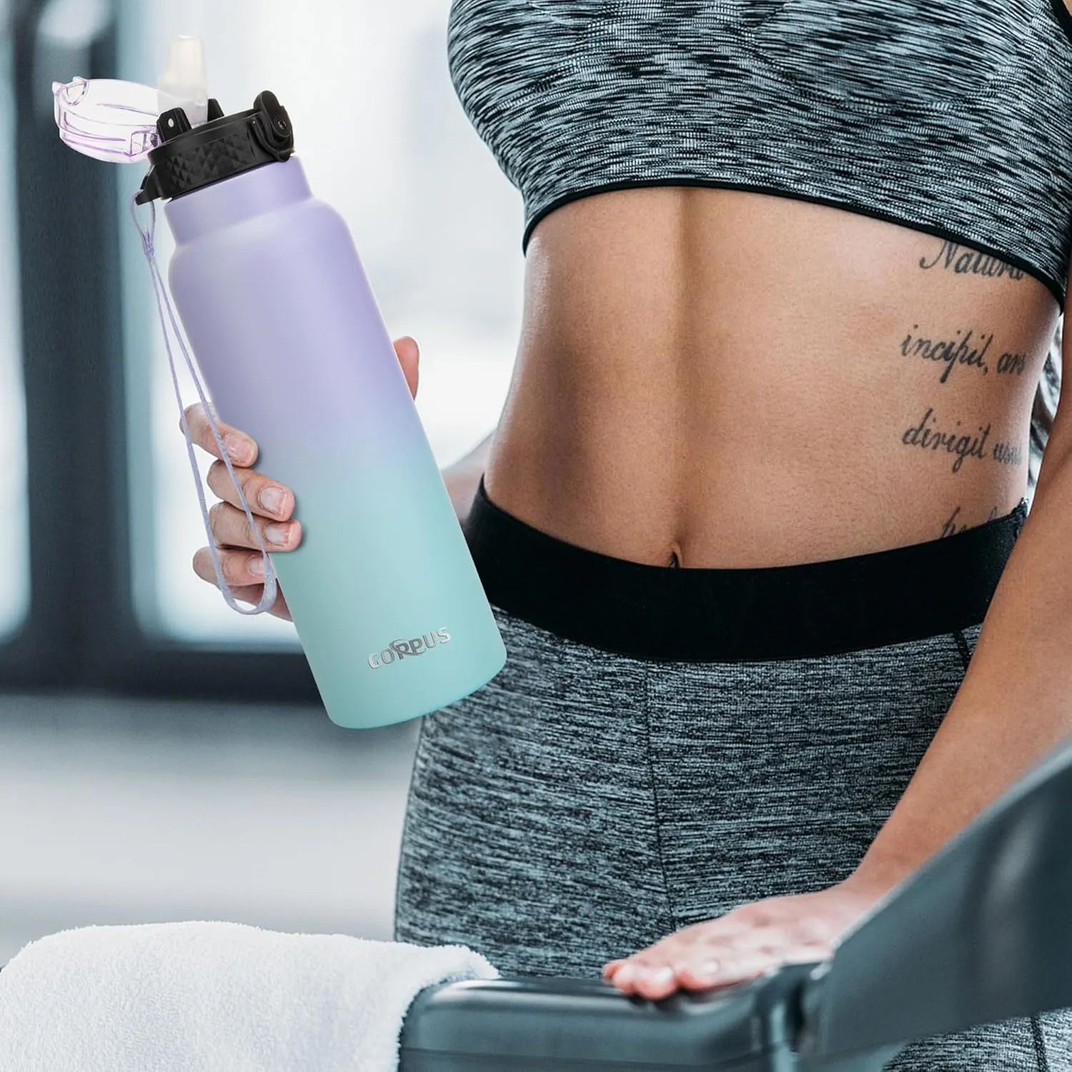 GOPPUS 24 oz Insulated Water Bottle With Straw Stainless Steel Sports Water Cup Flask with 3 Lids (Straw, Spout and Handle Lid) Wide Mouth Metal Water bottles for Men Women (Purple Blue)