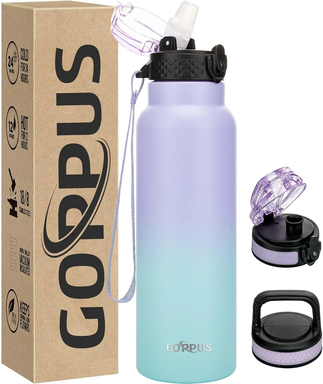 GOPPUS 24 oz Insulated Water Bottle With Straw Stainless Steel Sports Water Cup Flask with 3 Lids (Straw, Spout and Handle Lid) Wide Mouth Metal Water bottles for Men Women (Purple Blue)