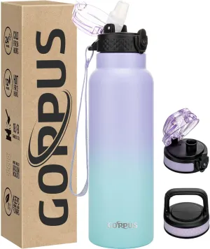 GOPPUS 24 oz Insulated Water Bottle With Straw Stainless Steel Sports Water Cup Flask with 3 Lids (Straw, Spout and Handle Lid) Wide Mouth Metal Water bottles for Men Women (Purple Blue)