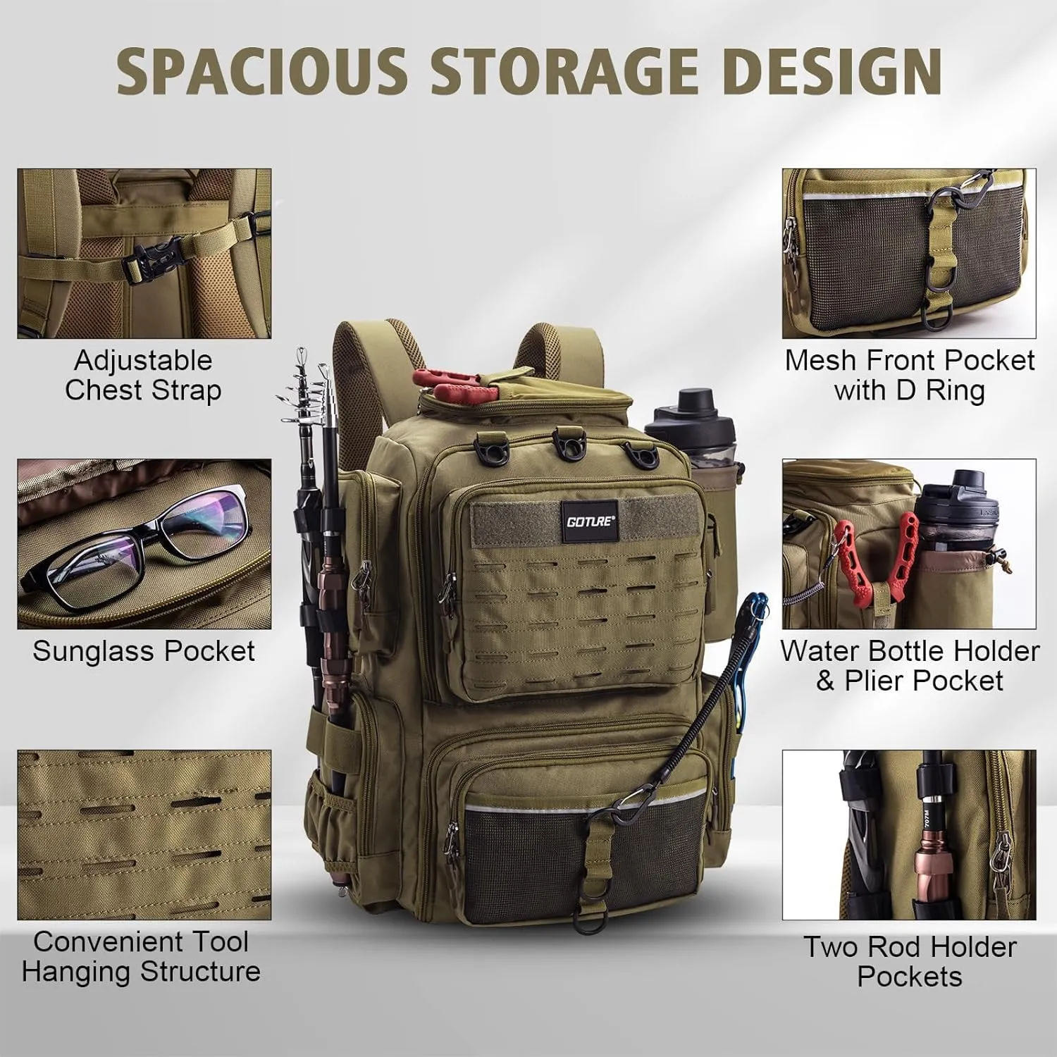 Goture Fishing Backpack with 4 Tackle Boxes, Fishing Tackle Backpack with Rod Holders, 45L 600D Large Fishing Bag Storage Fishing Gear Tackle Bag with 8 Lure Pockets,Rain Cover for Camping Hiking