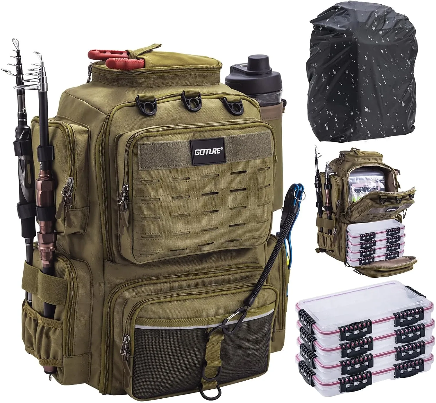 Goture Fishing Backpack with 4 Tackle Boxes, Fishing Tackle Backpack with Rod Holders, 45L 600D Large Fishing Bag Storage Fishing Gear Tackle Bag with 8 Lure Pockets,Rain Cover for Camping Hiking