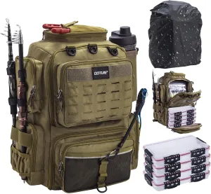 Goture Fishing Backpack with 4 Tackle Boxes, Fishing Tackle Backpack with Rod Holders, 45L 600D Large Fishing Bag Storage Fishing Gear Tackle Bag with 8 Lure Pockets,Rain Cover for Camping Hiking
