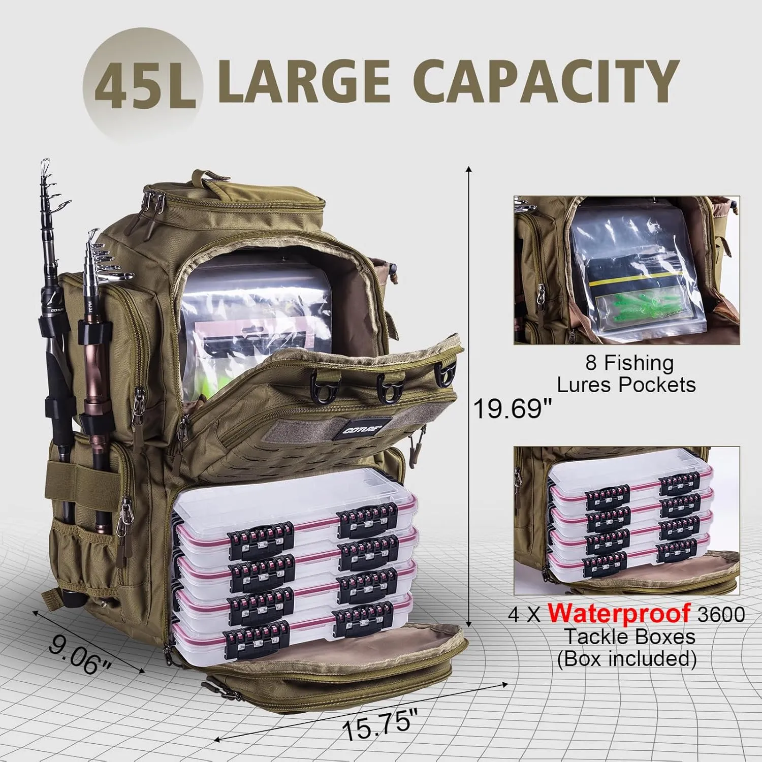 Goture Fishing Backpack with 4 Tackle Boxes, Fishing Tackle Backpack with Rod Holders, 45L 600D Large Fishing Bag Storage Fishing Gear Tackle Bag with 8 Lure Pockets,Rain Cover for Camping Hiking