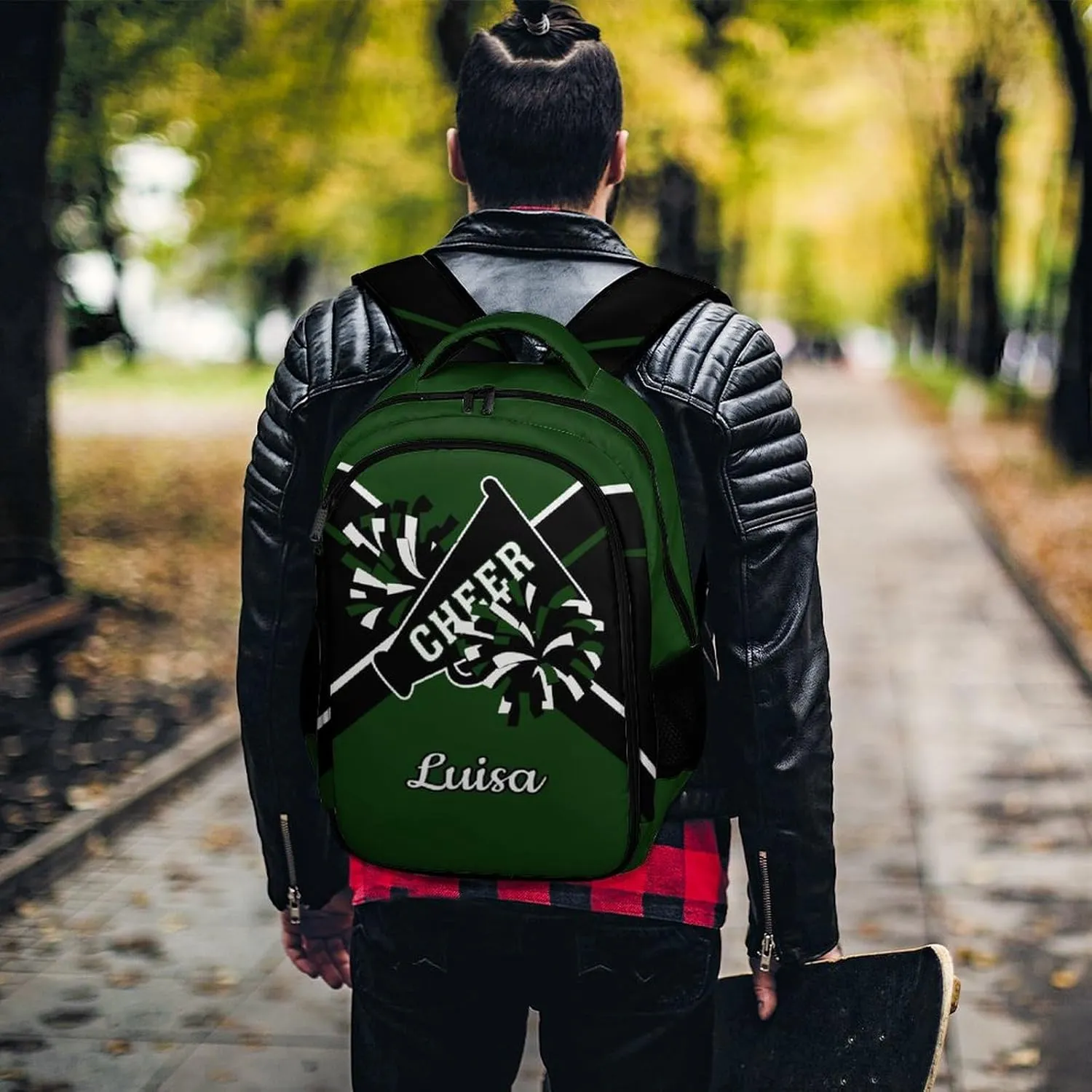 Green Cheerleader Waterproof School Backpack Personalized with Name for Men Women Sport Laptop Bag