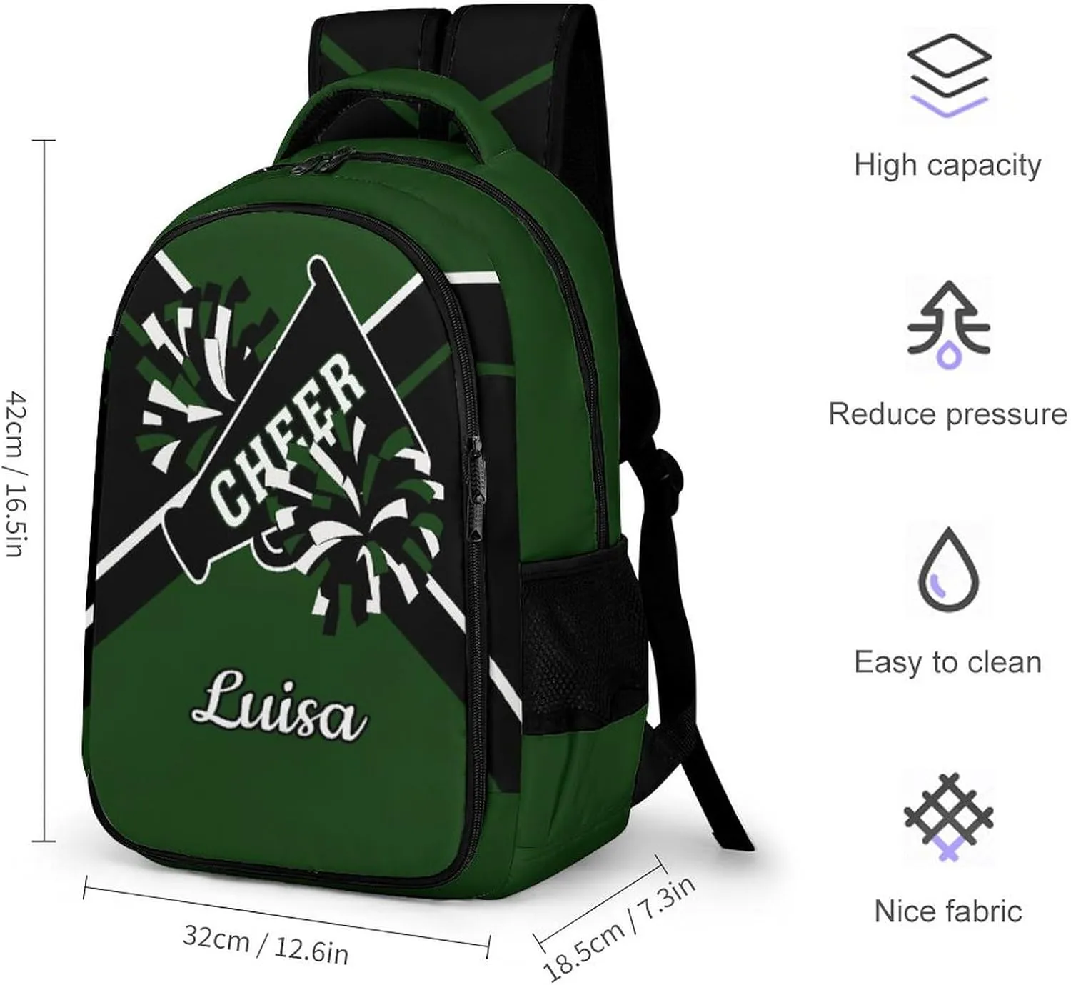 Green Cheerleader Waterproof School Backpack Personalized with Name for Men Women Sport Laptop Bag