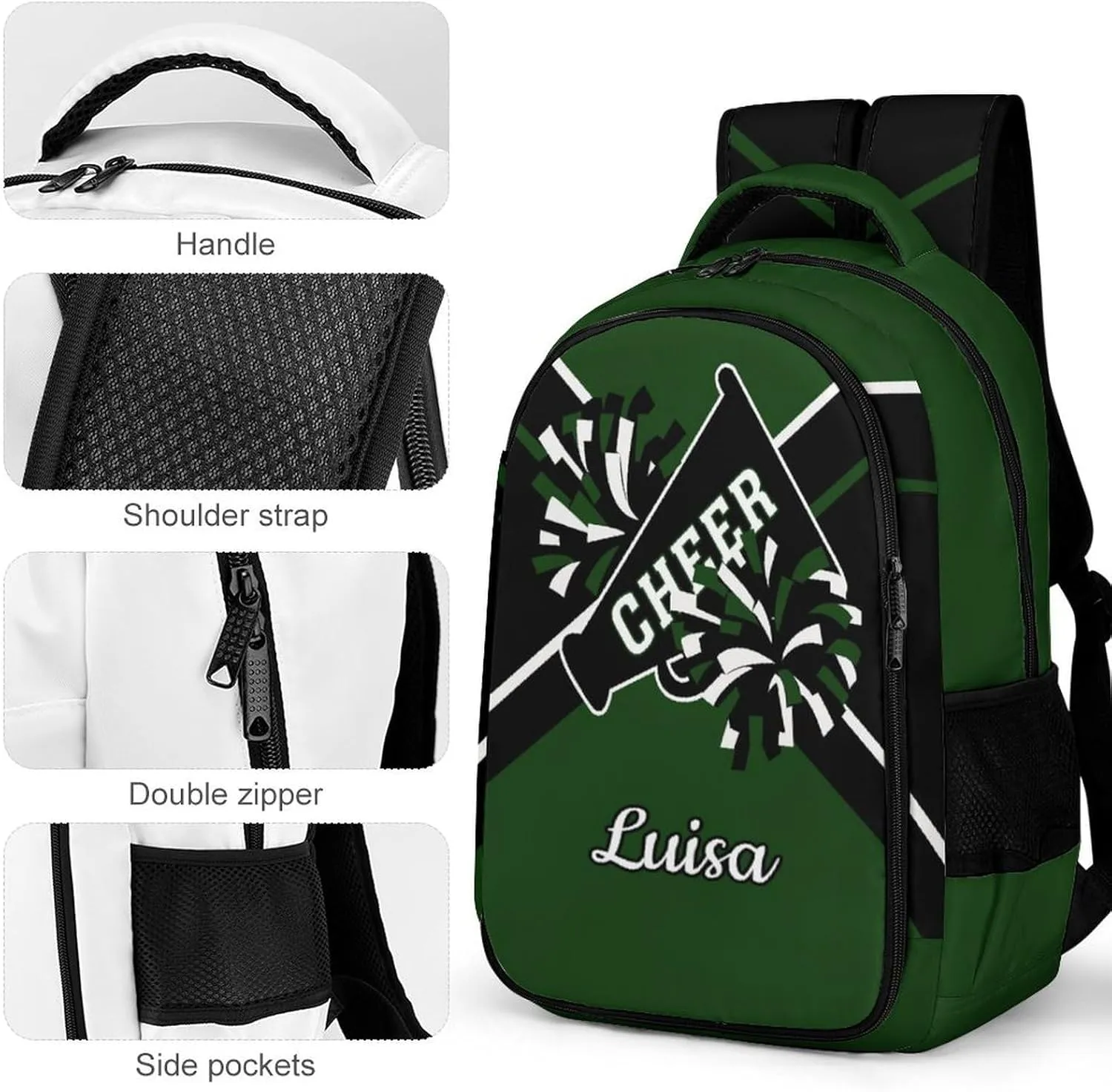 Green Cheerleader Waterproof School Backpack Personalized with Name for Men Women Sport Laptop Bag