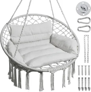 Greenstell Hammock Chair, Macrame Swing Chair with Comfy Cushion, Boho Hanging Chair for Outdoor & Indoor, Perfect for Bedroom, Patio, Balcony, Hold up to 350Lbs, Grey