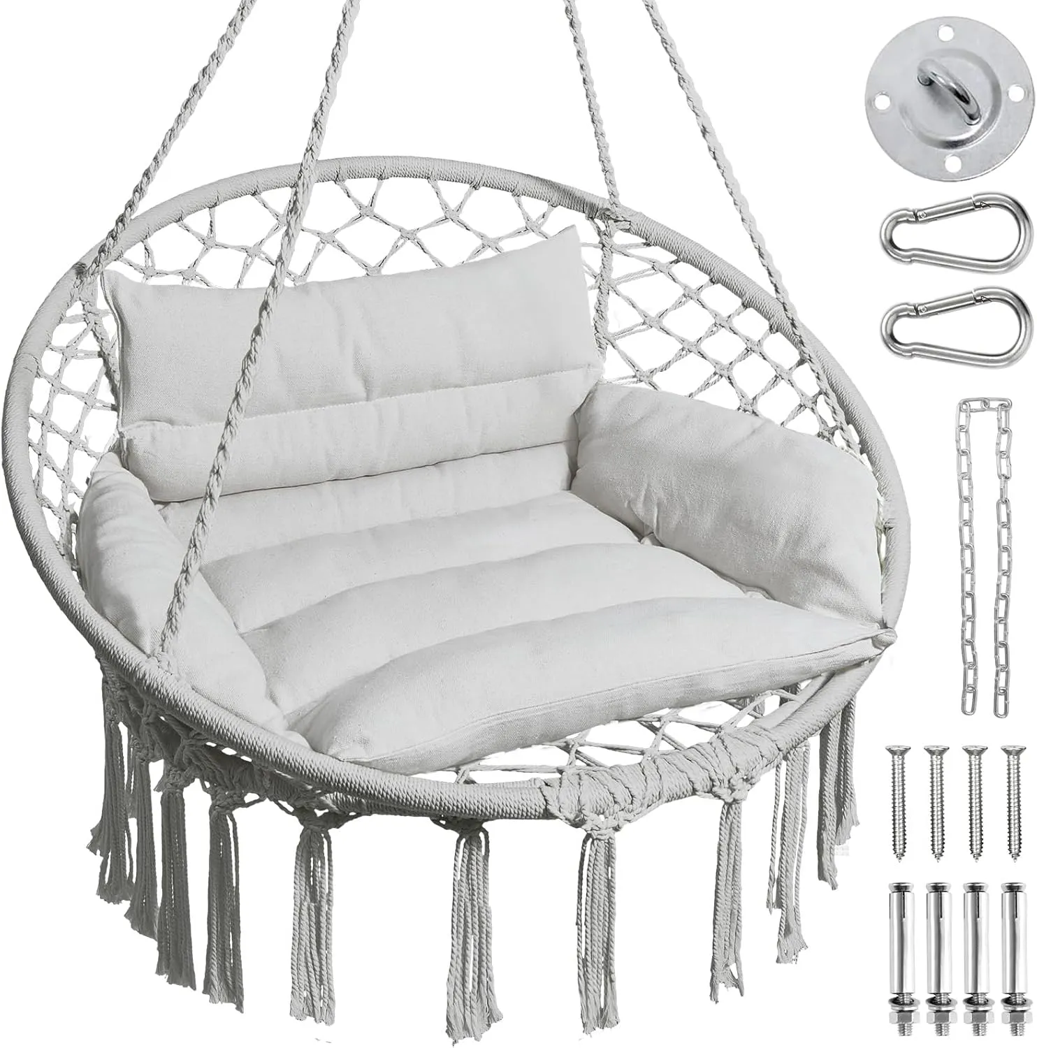 Greenstell Hammock Chair, Macrame Swing Chair with Comfy Cushion, Boho Hanging Chair for Outdoor & Indoor, Perfect for Bedroom, Patio, Balcony, Hold up to 350Lbs, Grey
