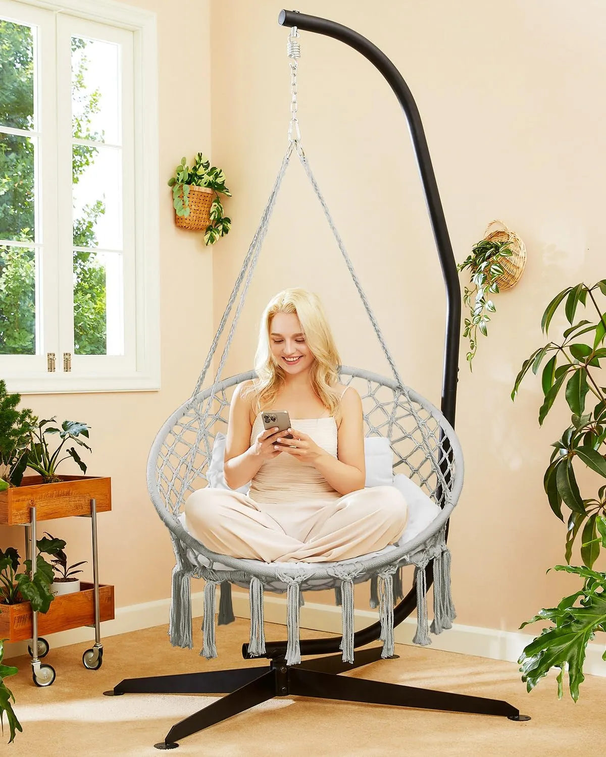 Greenstell Hammock Chair, Macrame Swing Chair with Comfy Cushion, Boho Hanging Chair for Outdoor & Indoor, Perfect for Bedroom, Patio, Balcony, Hold up to 350Lbs, Grey