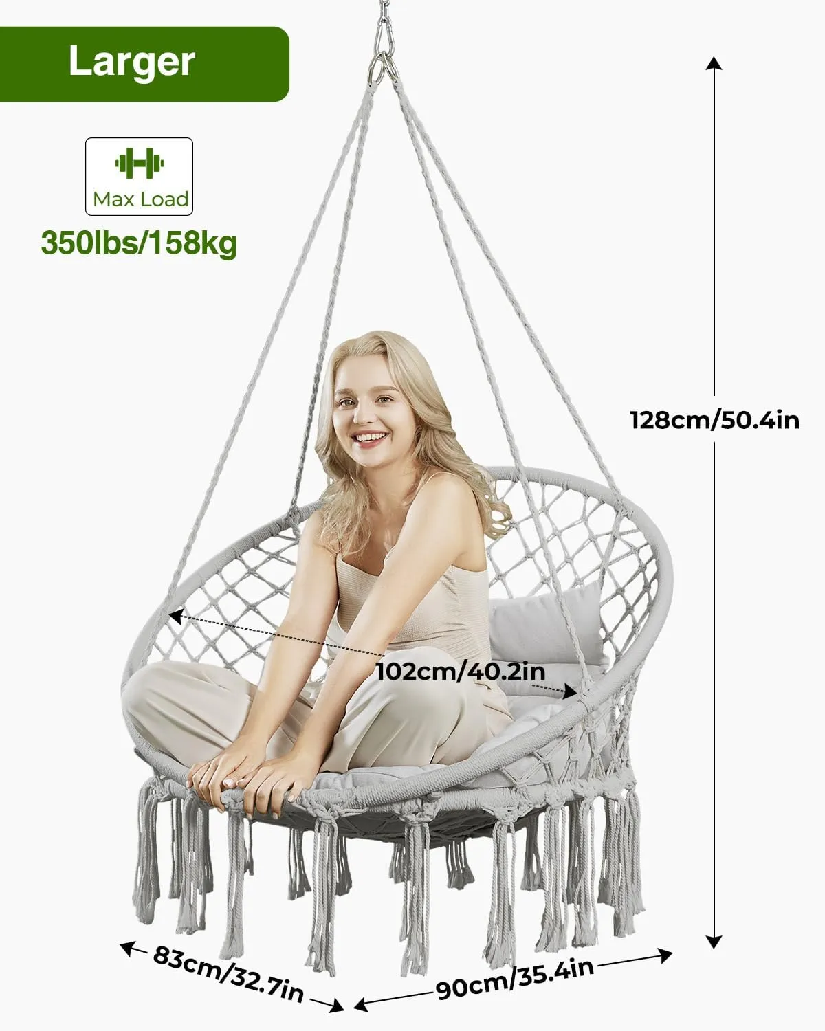 Greenstell Hammock Chair, Macrame Swing Chair with Comfy Cushion, Boho Hanging Chair for Outdoor & Indoor, Perfect for Bedroom, Patio, Balcony, Hold up to 350Lbs, Grey