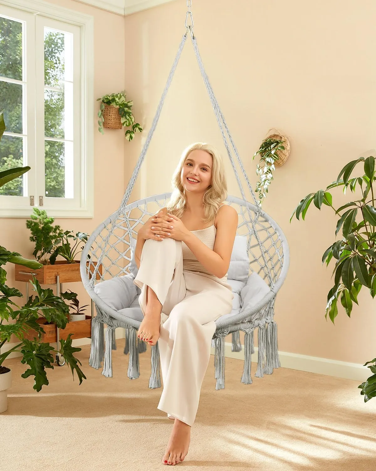 Greenstell Hammock Chair, Macrame Swing Chair with Comfy Cushion, Boho Hanging Chair for Outdoor & Indoor, Perfect for Bedroom, Patio, Balcony, Hold up to 350Lbs, Grey
