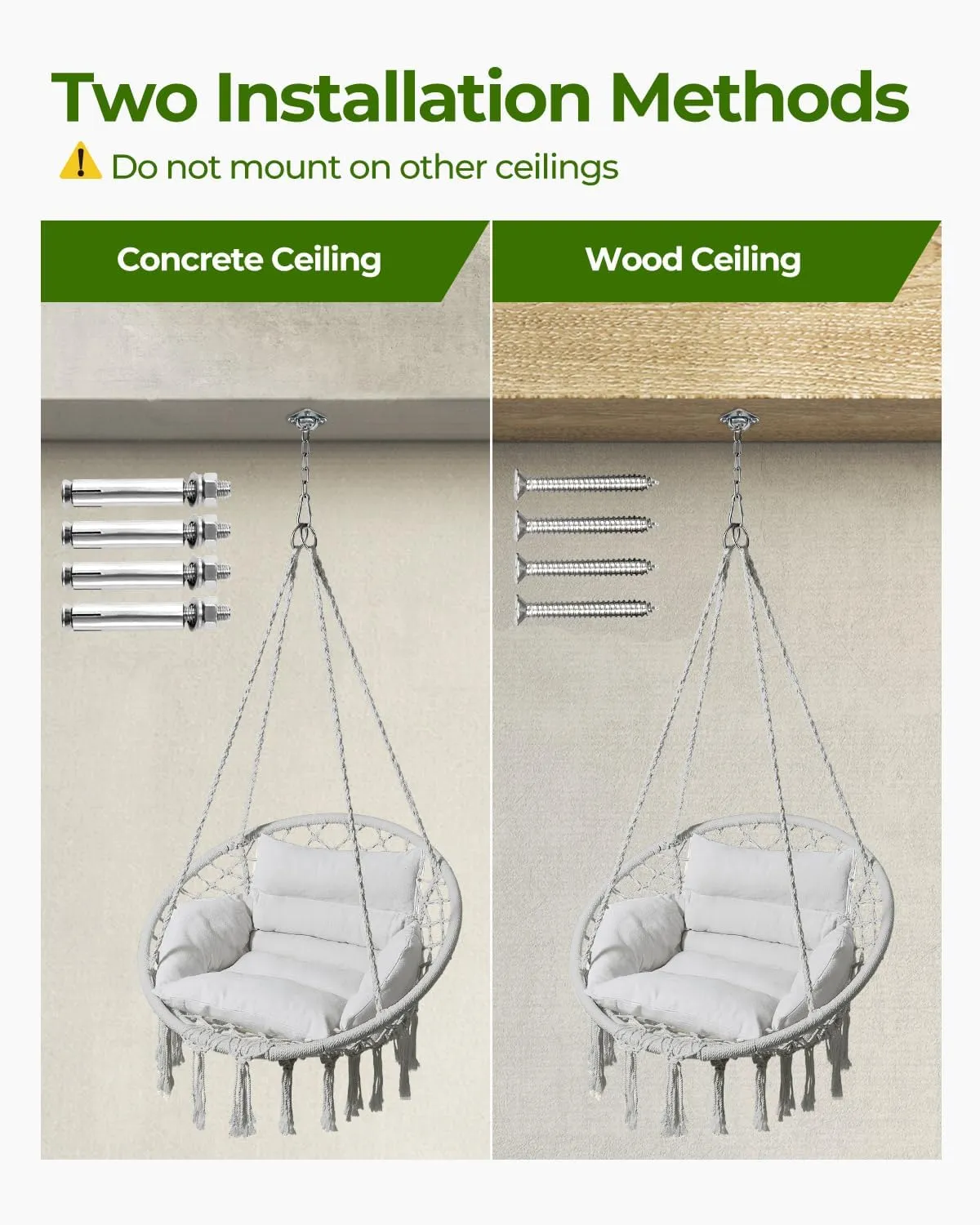 Greenstell Hammock Chair, Macrame Swing Chair with Comfy Cushion, Boho Hanging Chair for Outdoor & Indoor, Perfect for Bedroom, Patio, Balcony, Hold up to 350Lbs, Grey