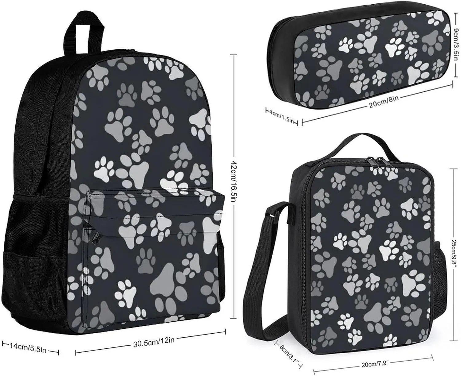 Grey Paw Print Lightweight Pocket Backpack Crossbody Lunch Bag Set Unisex