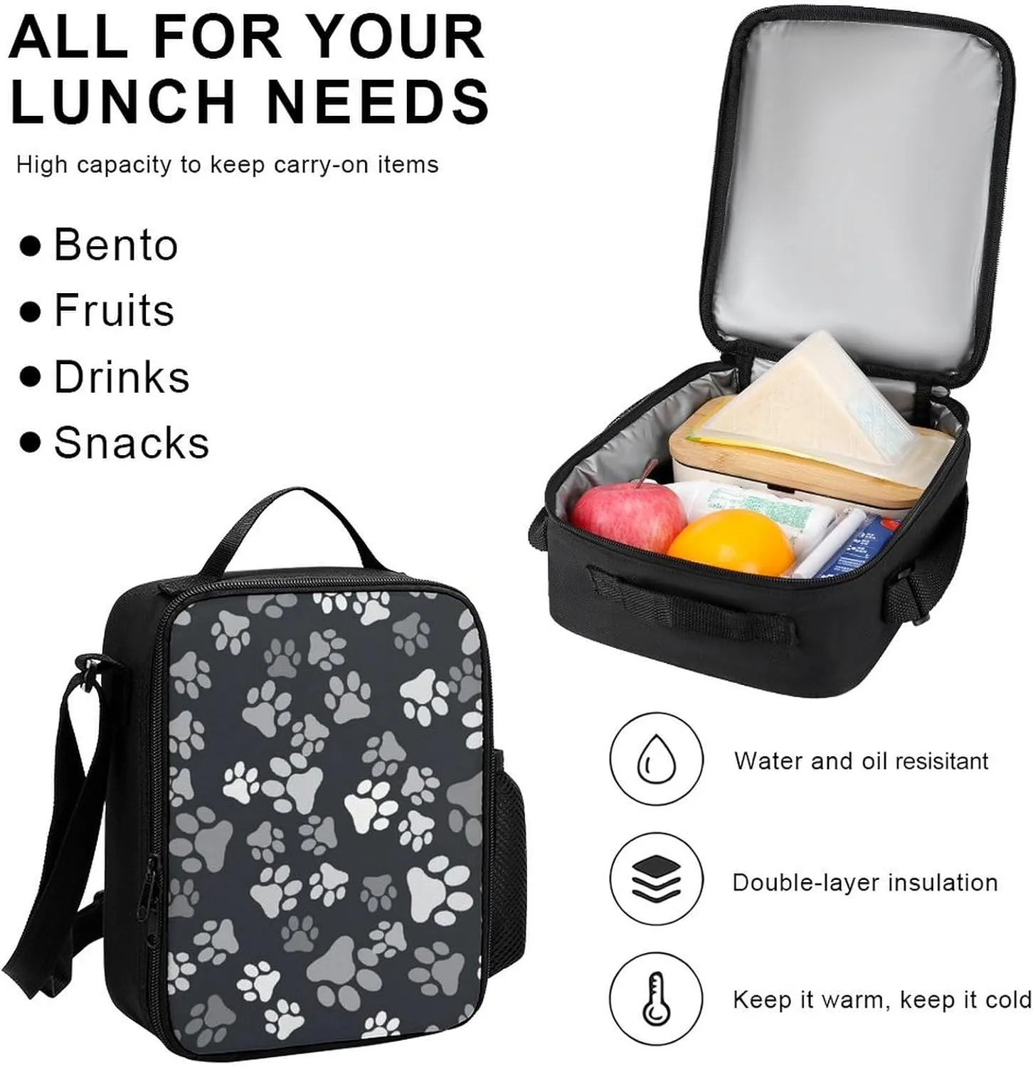 Grey Paw Print Lightweight Pocket Backpack Crossbody Lunch Bag Set Unisex