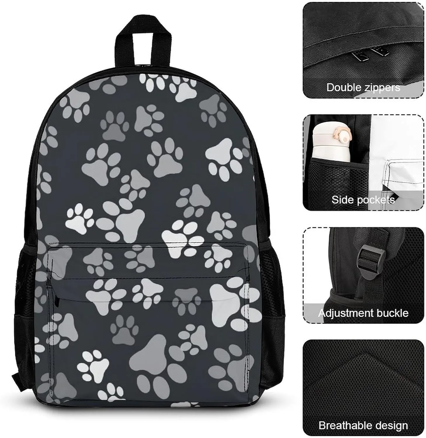Grey Paw Print Lightweight Pocket Backpack Crossbody Lunch Bag Set Unisex