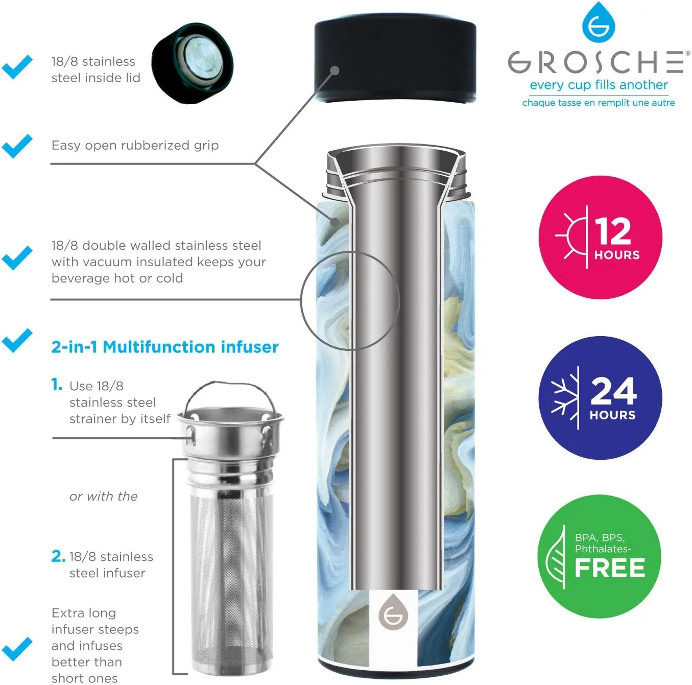 GROSCHE Chicago EXTRA LONG INFUSER - SOFT TOUCH - Tea and Fruit Infuser Water Bottle - Double Walled Vacuum Insulated Stainless Steel Flask | Hot & Cold Tea Infuser Bottle