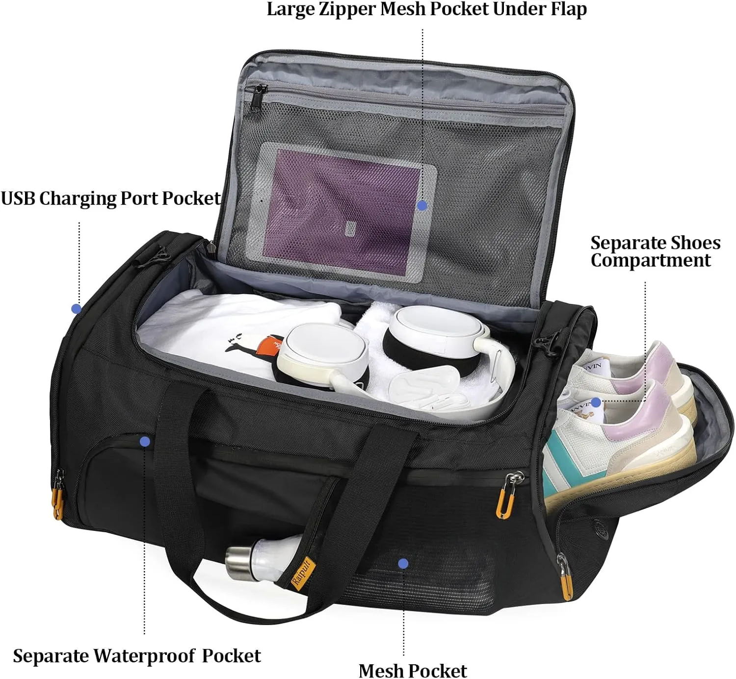 Gym Duffle Bag for Men Women, Travel Duffel Bag Backpack with Shoe Compartment & Wet Pocket, 50L Waterproof Sports Overnight Weekender Bag with USB Port, Black