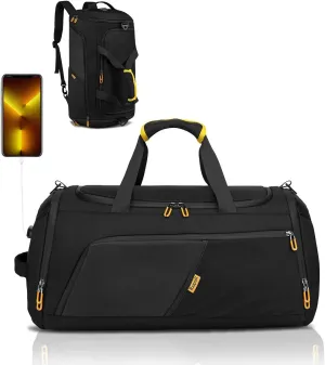 Gym Duffle Bag for Men Women, Travel Duffel Bag Backpack with Shoe Compartment & Wet Pocket, 50L Waterproof Sports Overnight Weekender Bag with USB Port, Black