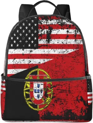 Half American Half Portugal Flag Casual Backpack Travel Backpacks Outdoor Sports Rucksack Lightweight Daypack Fashion Carry-on Bag for Weekender Traveling