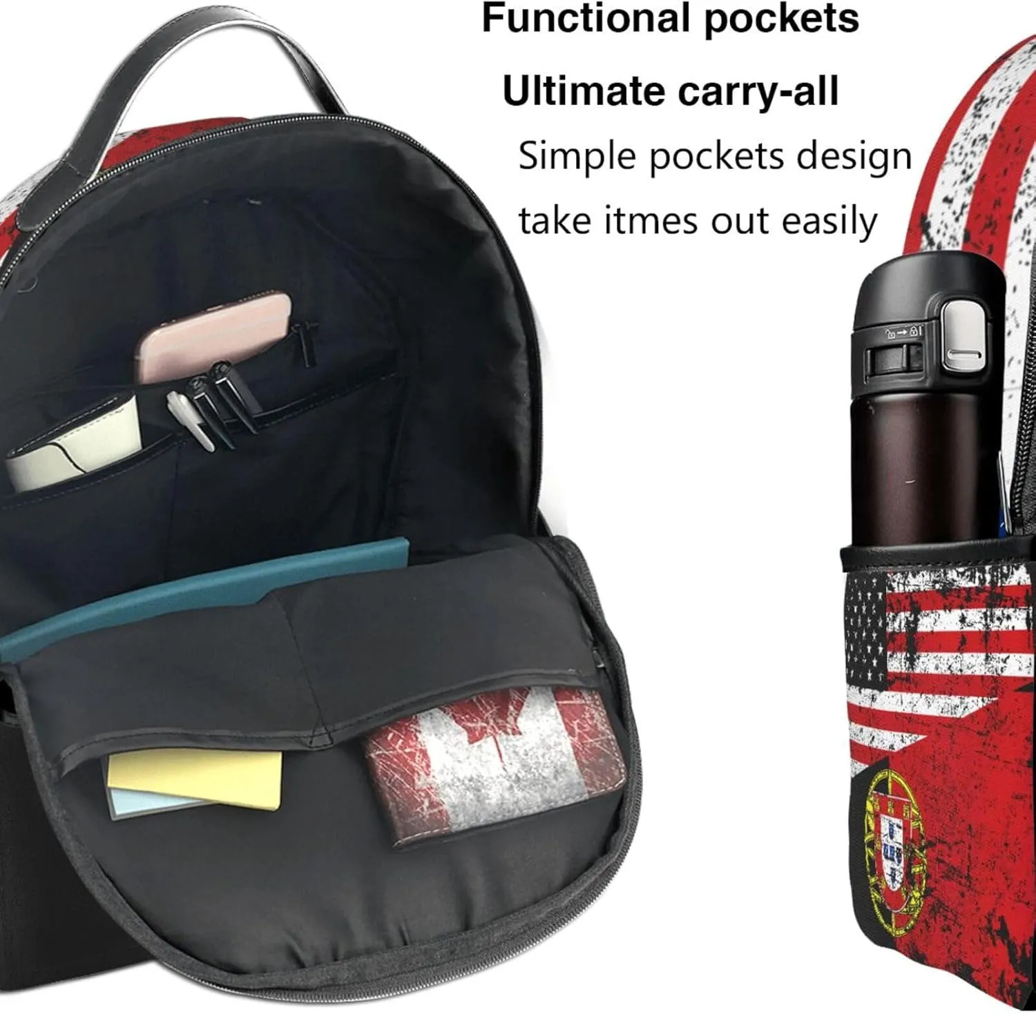 Half American Half Portugal Flag Casual Backpack Travel Backpacks Outdoor Sports Rucksack Lightweight Daypack Fashion Carry-on Bag for Weekender Traveling