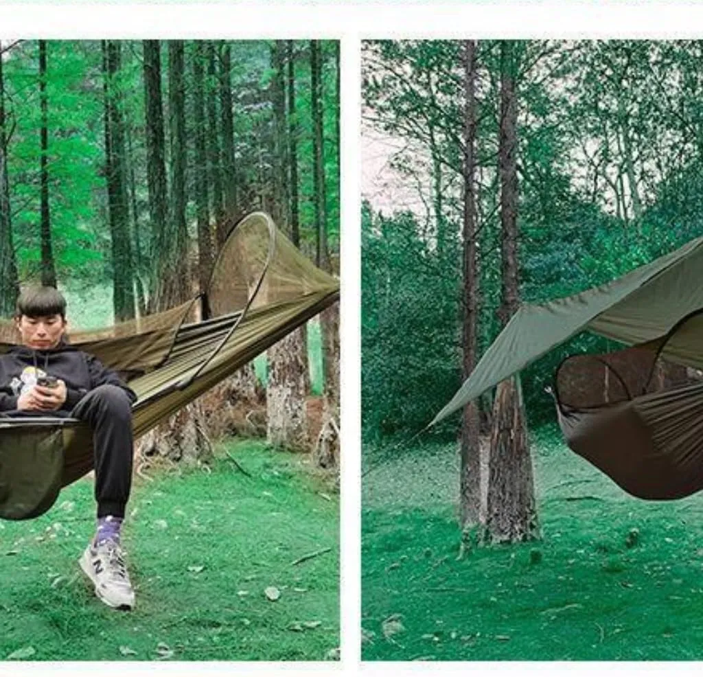 Hammock Automatic Quick-Opening Mosquito Net Hammock Canopy Set Canopy Parachute Cloth Pole Mosquito Net Hammock Hammocks for Outside(Green)