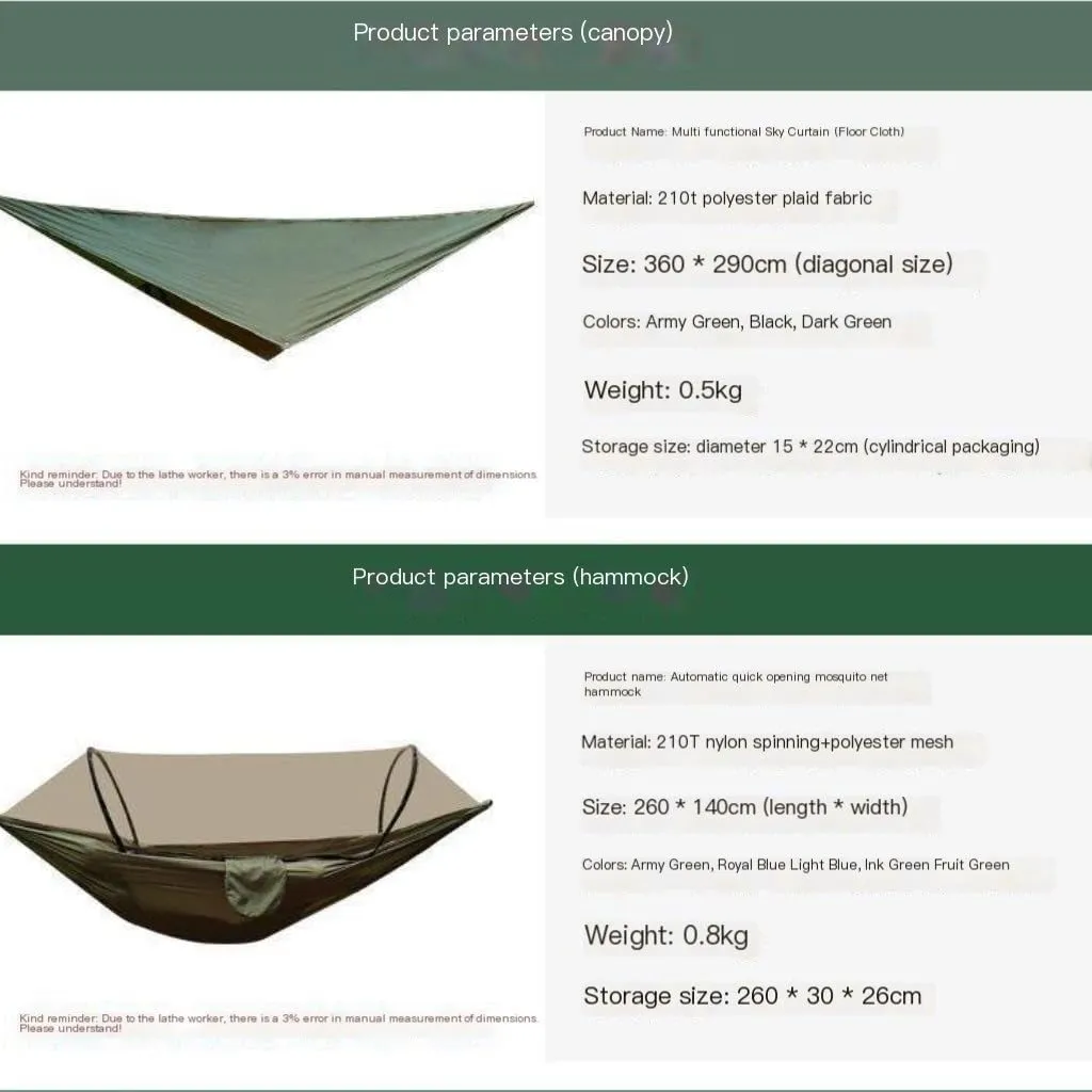 Hammock Automatic Quick-Opening Mosquito Net Hammock Canopy Set Canopy Parachute Cloth Pole Mosquito Net Hammock Hammocks for Outside(Green)