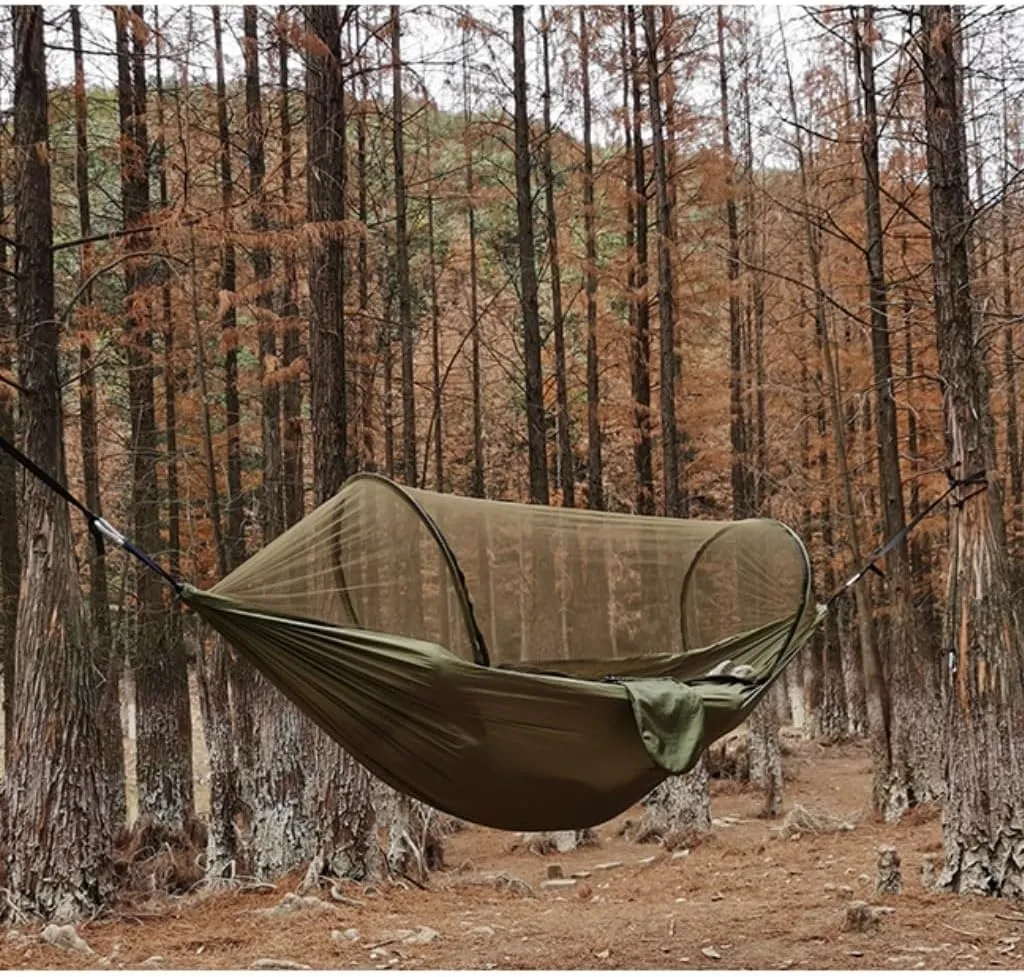 Hammock Automatic Quick-Opening Mosquito Net Hammock Outdoor Camping Anti-Rollover Nylon Hammock with Mosquito Net Hammocks for Outside(Brown)