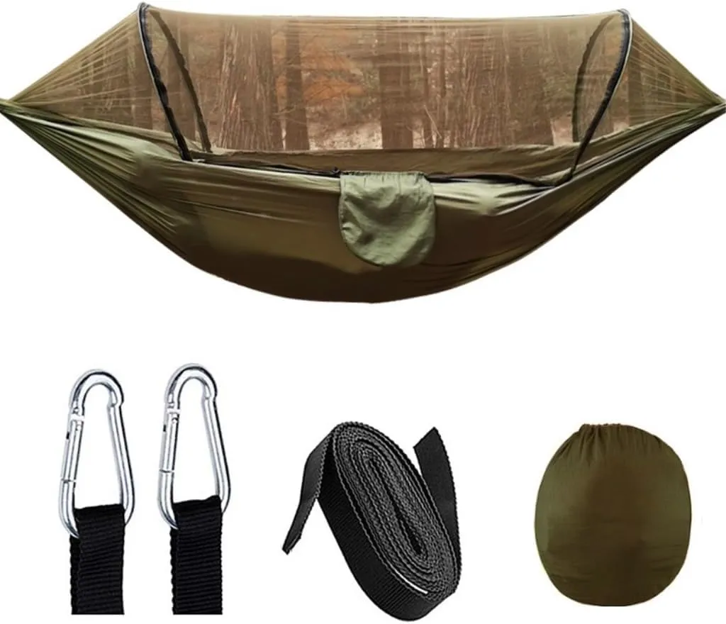 Hammock Automatic Quick-Opening Mosquito Net Hammock Outdoor Camping Anti-Rollover Nylon Hammock with Mosquito Net Hammocks for Outside(Brown)