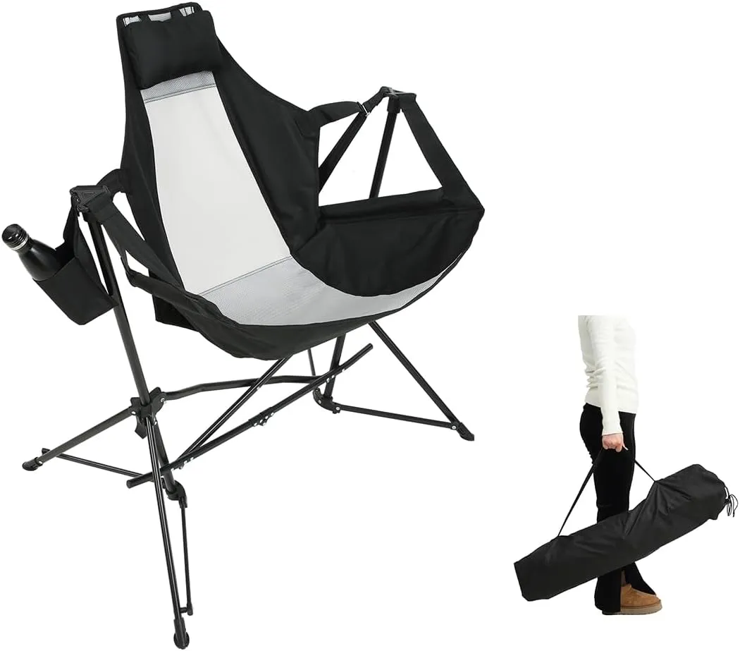 Hammock Camping Chair, Folding Portable Rocking Chair, Adjustable Back Swinging Chair with Pillow Cup Holder and Carry Bag, Recliner for Outdoor Travel Lawn Backyard (Black)