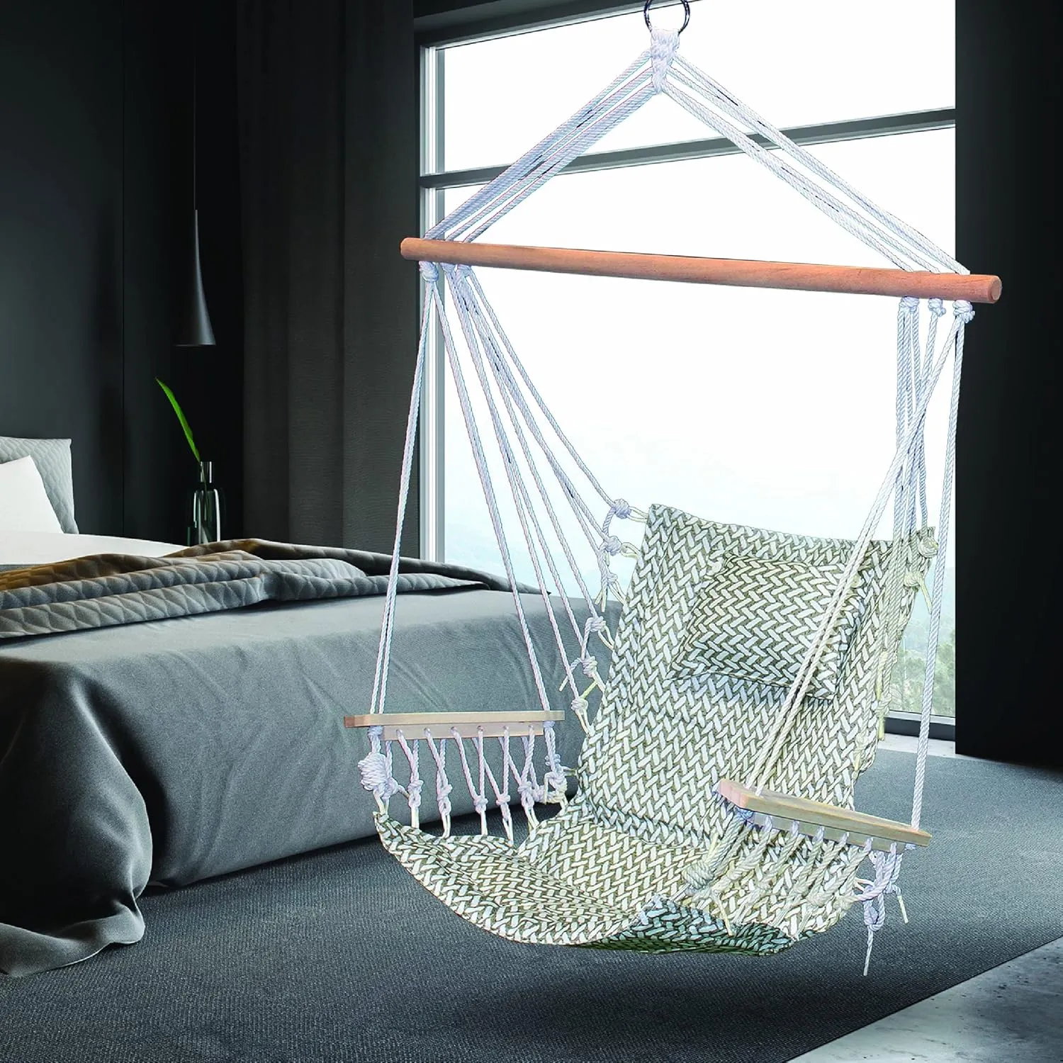 Hammock Chair Hanging Rope Swing, *12 Patterns, Quality Comfortable and Breathable Fabric - Indoor/Outdoor - Grey Herringbone Pattern