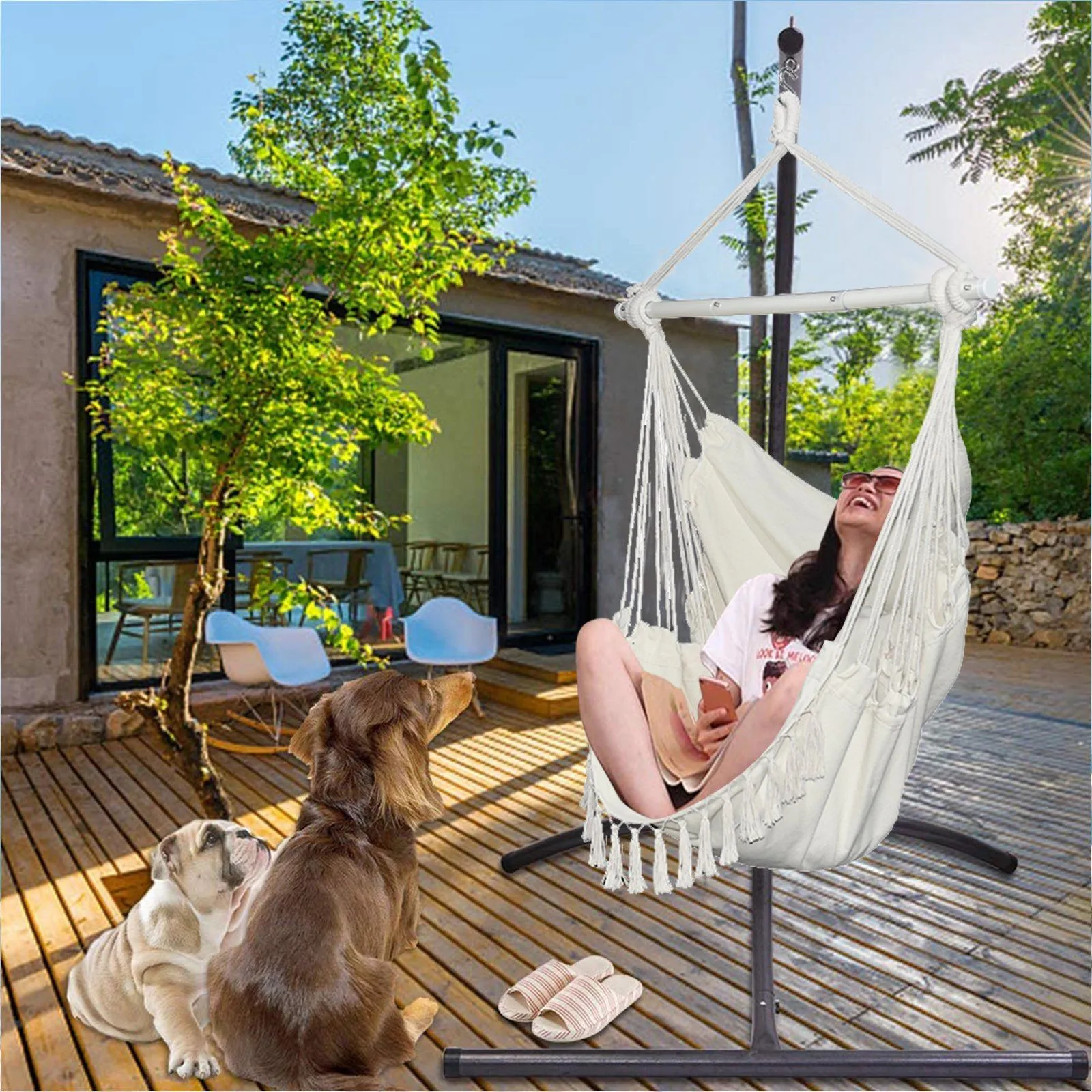 Hammock Chair Swing Seat with Detachable Metal Support Bar and 2 Seat Cushions