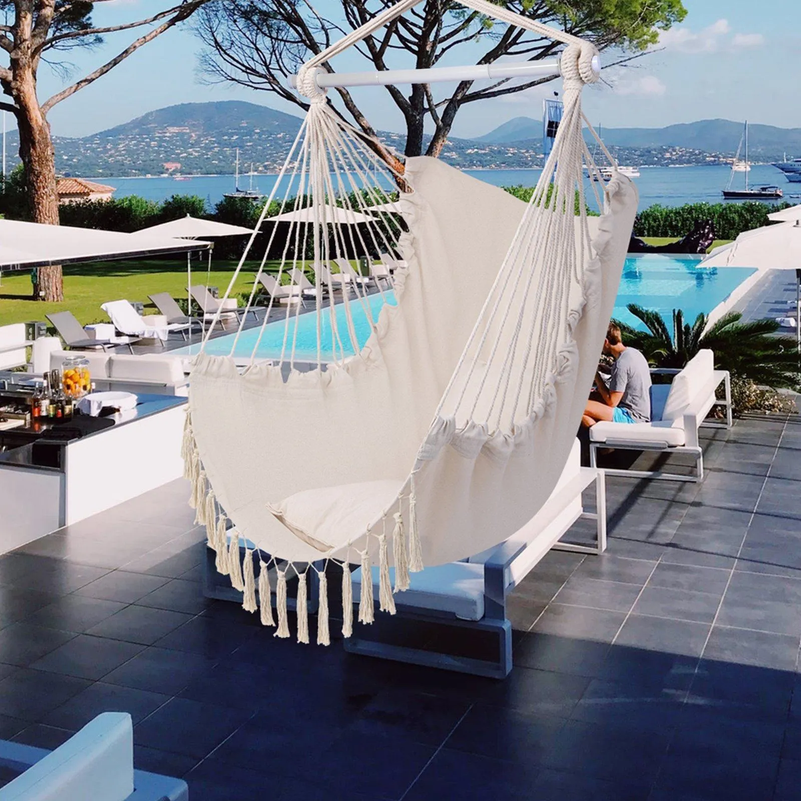 Hammock Chair Swing Seat with Detachable Metal Support Bar and 2 Seat Cushions