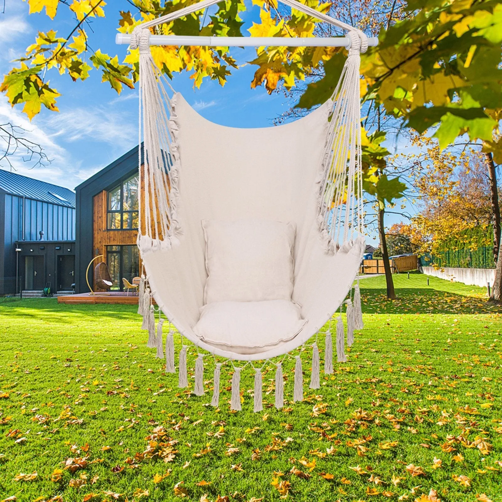 Hammock Chair Swing Seat with Detachable Metal Support Bar and 2 Seat Cushions